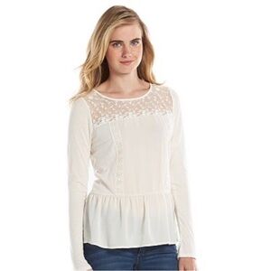 LC Lauren Conrad Lace Yoke Longs Sleeve Peplum Top In Color  Whisper White